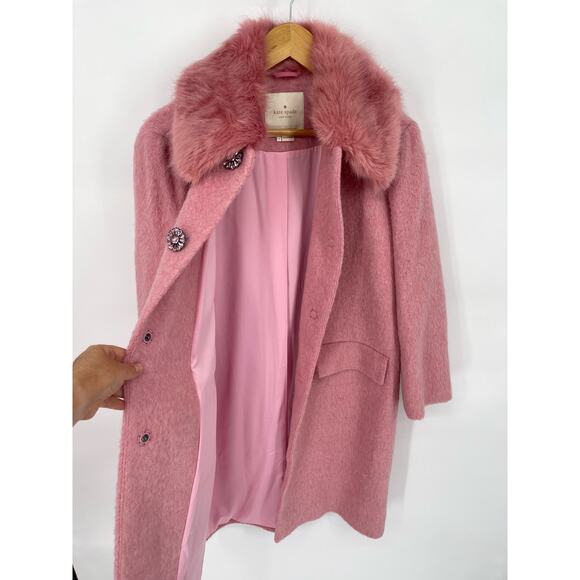 Kate Spade Tulip Pink Faux Fur Collar Crystal Button Front Wool Blend Coat sz 2 - Picture 4 of 11